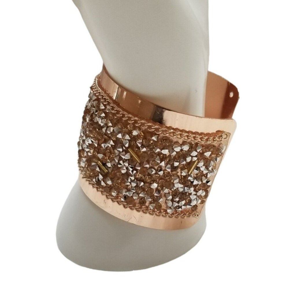 Copper Rose Gold Rhinestone Crush Glass Silver Studs Beaded Metal Cuff Bracelet - Picture 8 of 12
